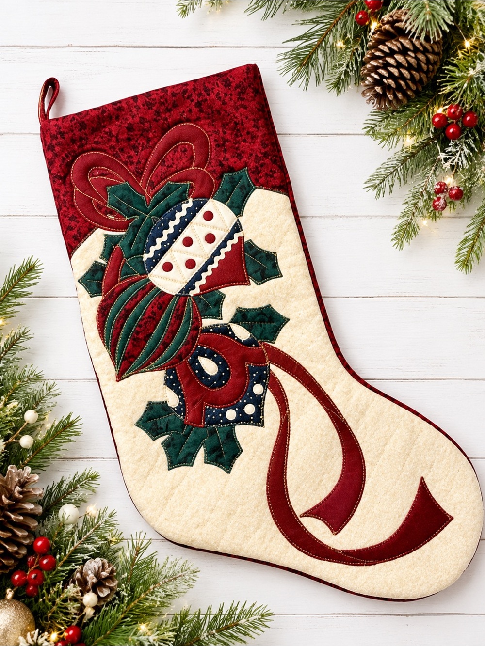 Vintage Christmas Stocking 17” Appliqué Holly Ornament Country Cottage Decor
